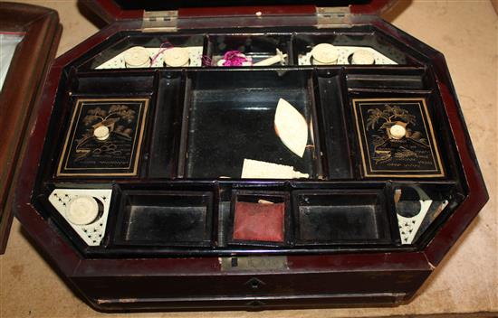 Lacquer sewing box with carved sewing items